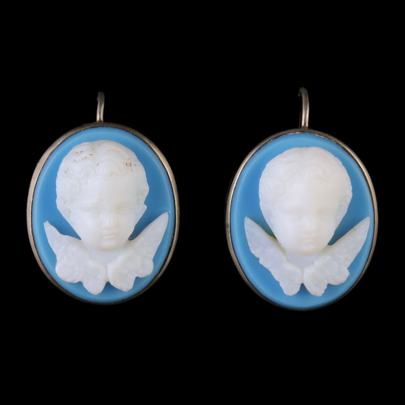 Antique Victorian Blue White Angel Cherub Earrings Circa 1900