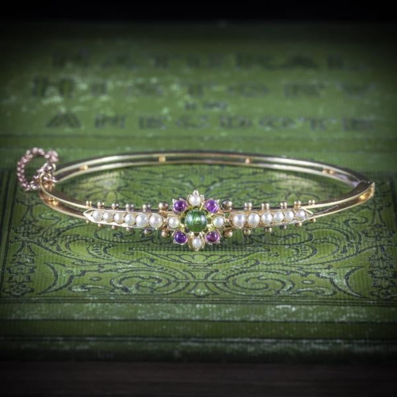 Antique Edwardian Suffragette Bangle Amethyst Peridot Pearl 15Ct Gold Circa 1910