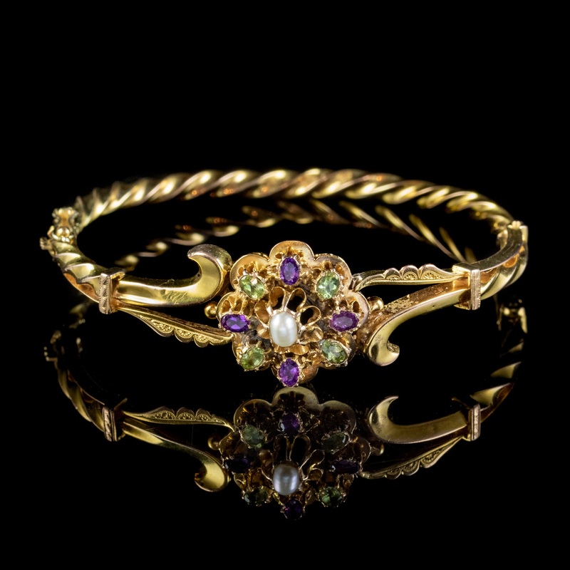 Antique Suffragette Bangle 15Ct Gold Amethyst Pearl Peridot Circa 1915